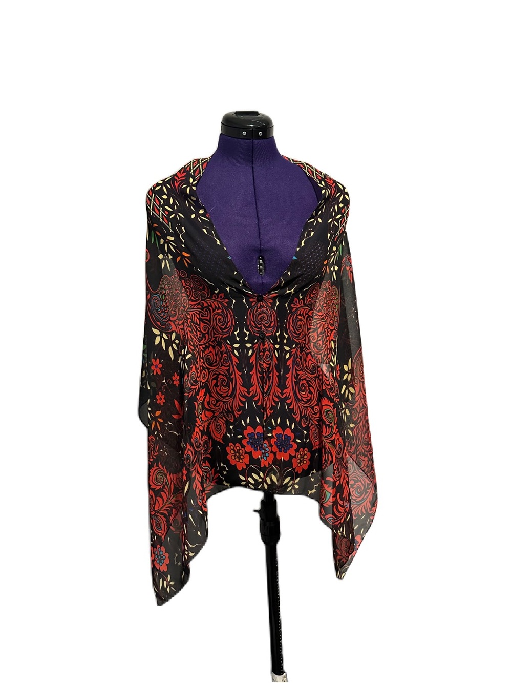 Red Peacock Patterned Sheer Shawl